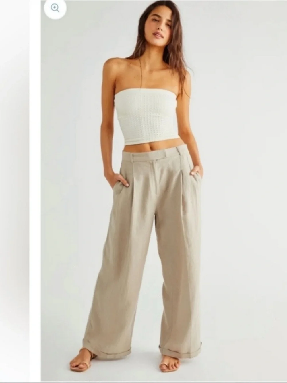 Free People Lyla wide leg cuffed linen trouser low slung pants beige 6 coastal